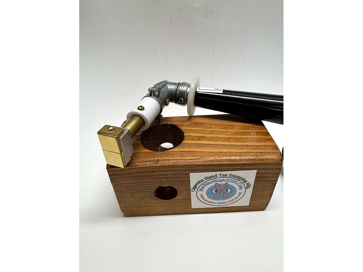MM 8TS black handle two stamp iron in its wooden stand with the wider brass two-stamp block
